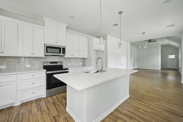24644 Cavan St, Hempstead, TX 77445 - kitchen with appliances with stainless steel finishes, a sink, wood finished floors, and decorative backsplash