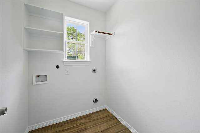 24644 Cavan St, Hempstead, TX 77445 - laundry room with washer hookup, hookup for an electric dryer, dark wood finished floors, and baseboards