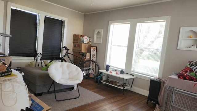 interior space featuring crown molding and dark hardwood / wood-style floors