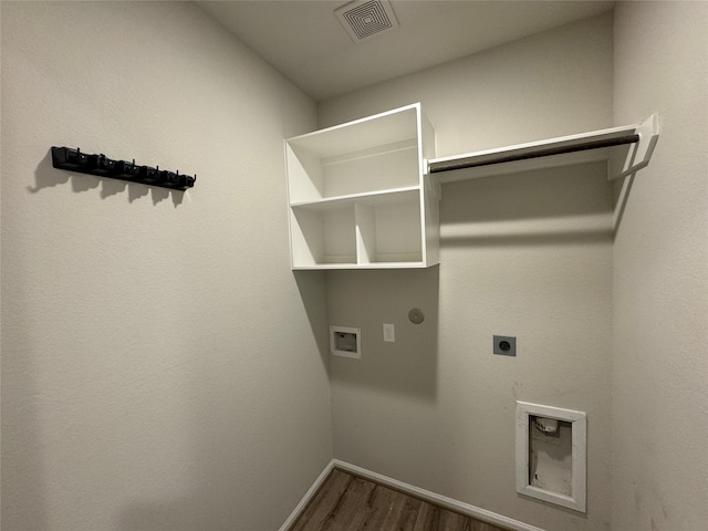 laundry room with wood-type flooring, hookup for an electric dryer, and washer hookup