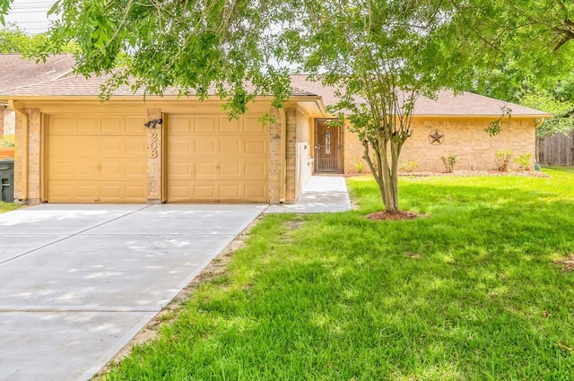 single story home with a garage and a front yard