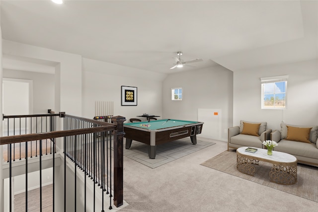 game room featuring billiards, light carpet, and ceiling fan