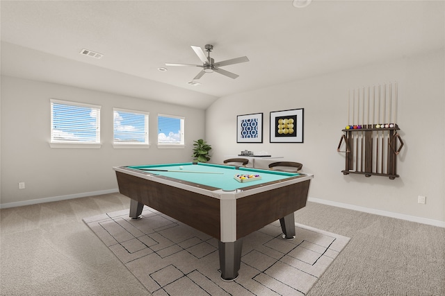 rec room with pool table, light colored carpet, lofted ceiling, and ceiling fan