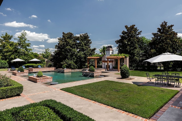 view of swimming pool featuring a lawn, a pergola, and a patio