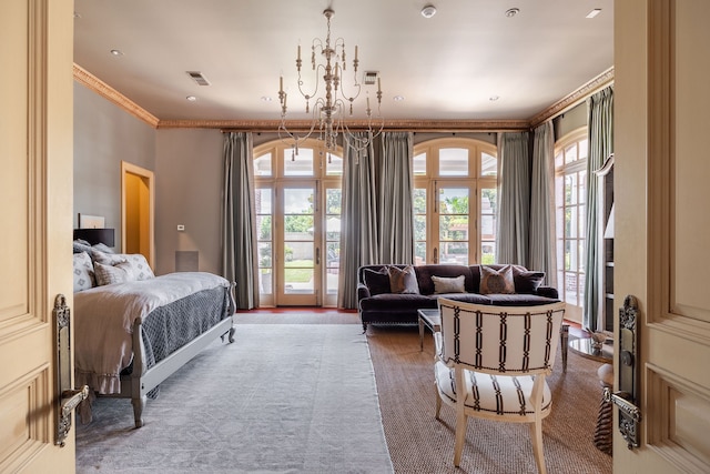 bedroom with an inviting chandelier, ornamental molding, carpet flooring, and access to outside