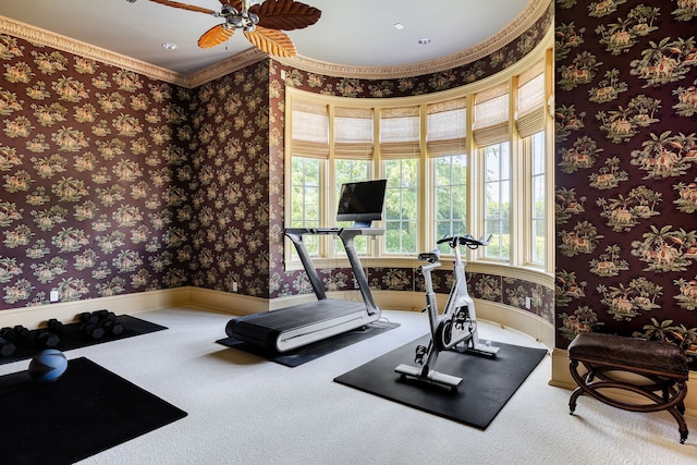 workout area with carpet floors and ceiling fan