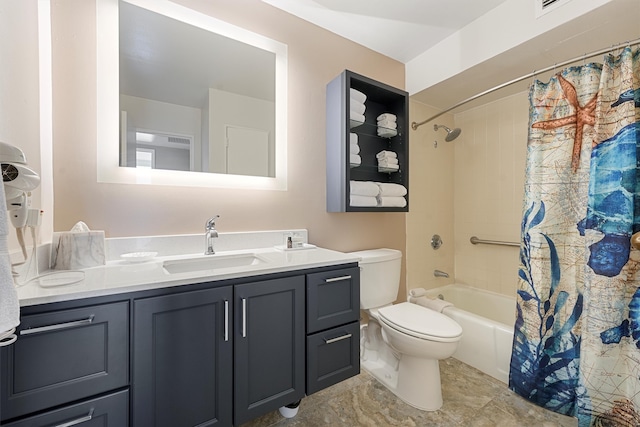 full bathroom with vanity, toilet, and shower / bath combination with curtain