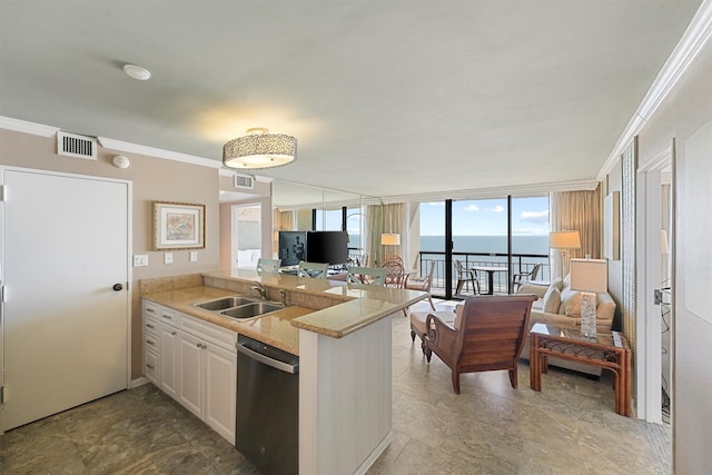 kitchen featuring white cabinets, kitchen peninsula, sink, stainless steel dishwasher, and crown molding