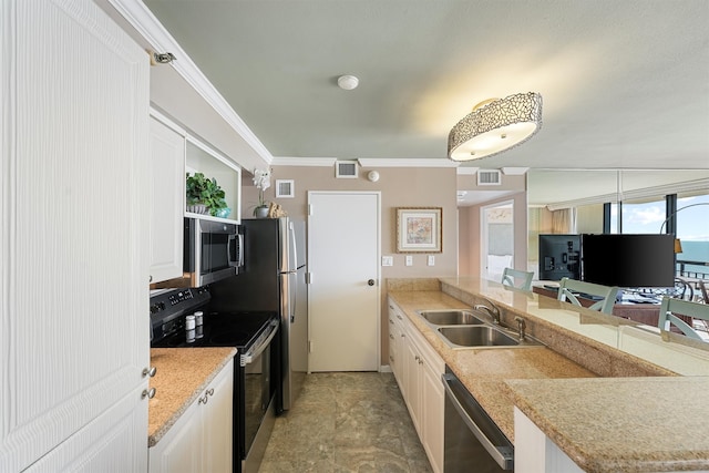 kitchen with stainless steel appliances, white cabinetry, sink, and crown molding