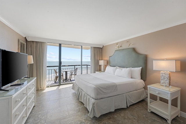 bedroom with ornamental molding, access to exterior, expansive windows, and a water view