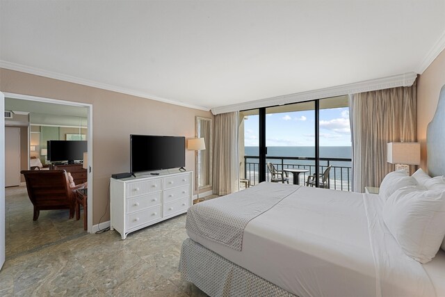 bedroom with a wall of windows, ornamental molding, and access to exterior