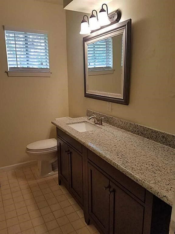 bathroom with vanity, toilet, and tile patterned floors