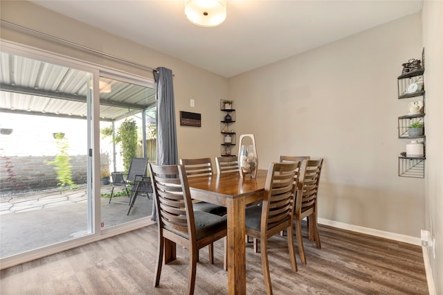 dining space featuring wood-type flooring