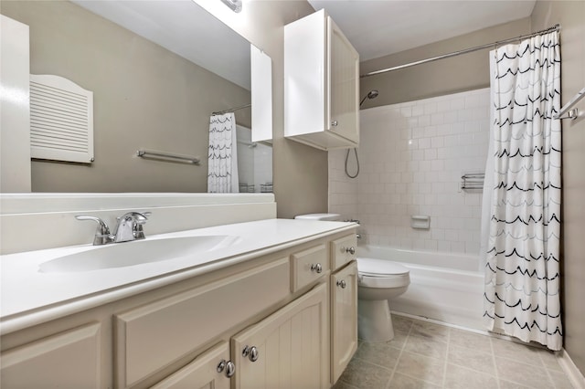 full bathroom with tile patterned flooring, vanity, toilet, and shower / bath combo with shower curtain