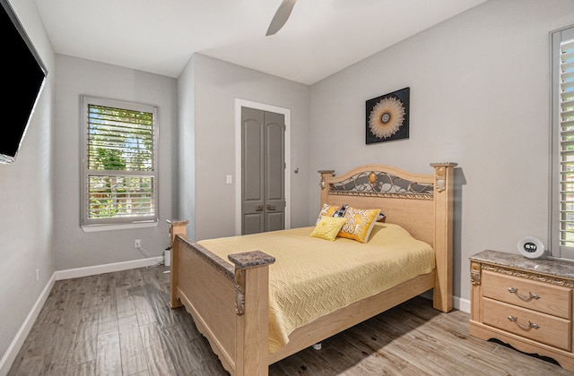 bedroom featuring ceiling fan, light hardwood / wood-style flooring, and a closet