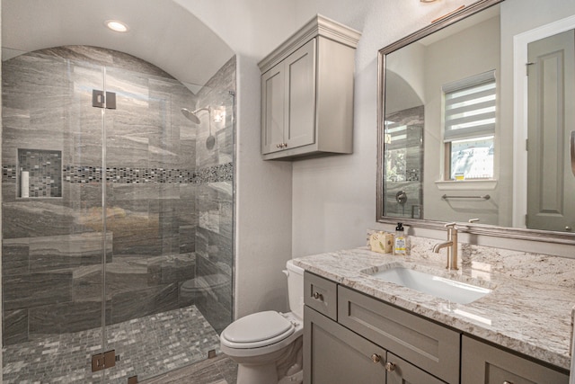 bathroom with a shower with door, vanity, and toilet