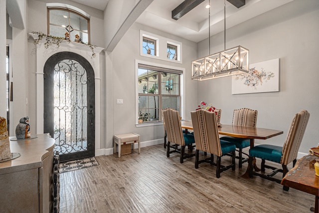 dining space with hardwood / wood-style floors, a towering ceiling, and a chandelier