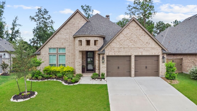 view of front facade with a front lawn and a garage