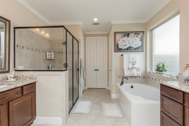 bathroom with ornamental molding, vanity, and separate shower and tub