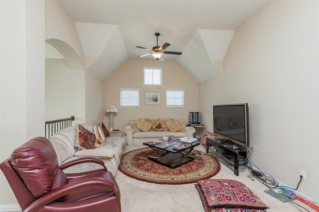 living room with vaulted ceiling and ceiling fan