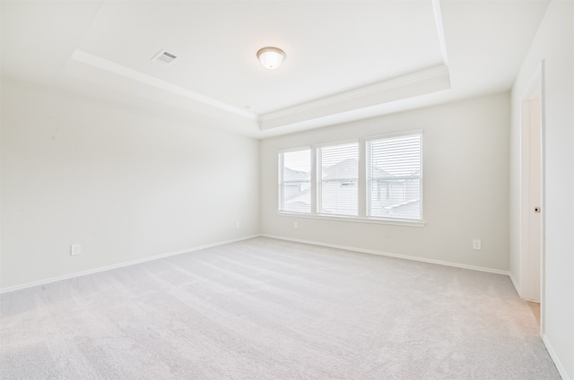 spare room with a tray ceiling and light carpet