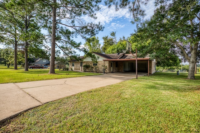 ranch-style house with a front yard and a carport