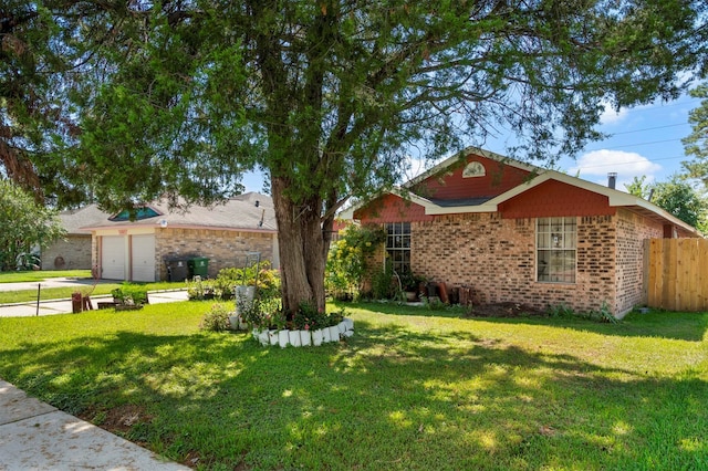 ranch-style home featuring a front lawn and a garage