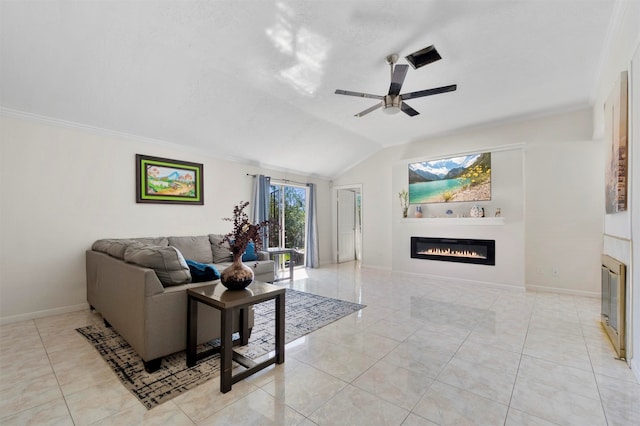 tiled living room featuring lofted ceiling, ornamental molding, and ceiling fan