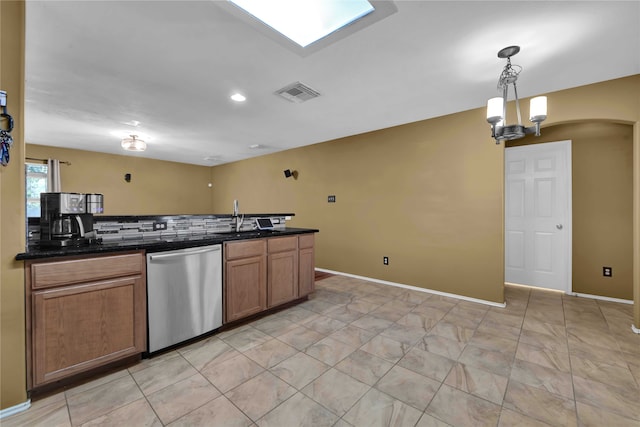 kitchen with pendant lighting, sink, tasteful backsplash, dishwasher, and a notable chandelier