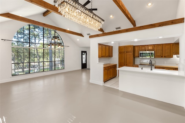 kitchen featuring pendant lighting, beamed ceiling, high vaulted ceiling, a notable chandelier, and white range with electric stovetop