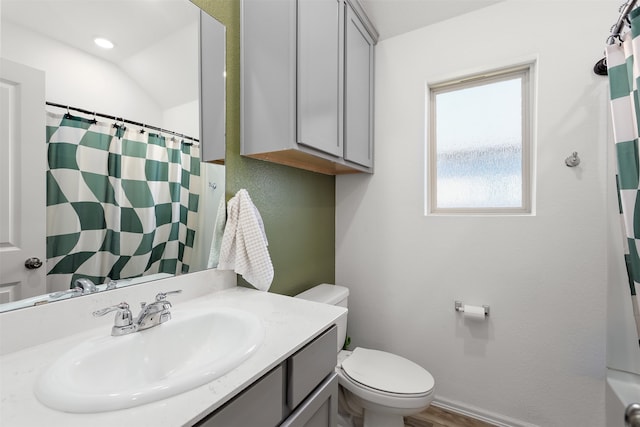 bathroom featuring lofted ceiling, toilet, wood-type flooring, a shower with curtain, and vanity