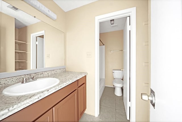 full bathroom featuring tile patterned flooring, shower / bath combination, vanity, and toilet