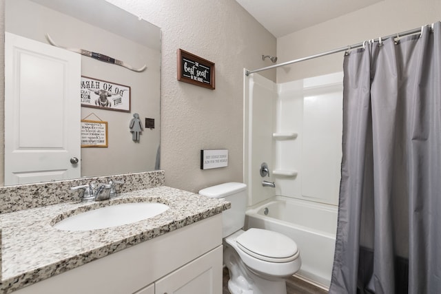 full bathroom with vanity, toilet, and shower / bathtub combination with curtain