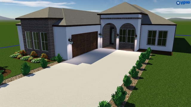 view of front facade with a garage, concrete driveway, french doors, and stucco siding