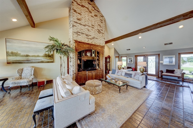 living room with beamed ceiling, french doors, and high vaulted ceiling