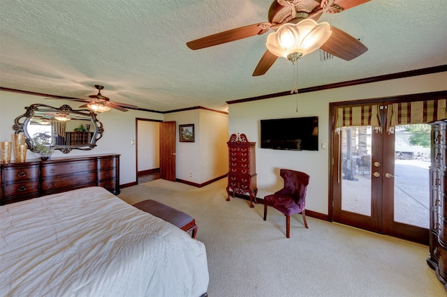 carpeted bedroom with french doors, access to outside, ornamental molding, a textured ceiling, and ceiling fan