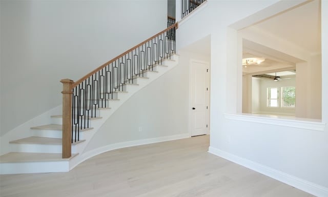 stairs featuring hardwood / wood-style floors