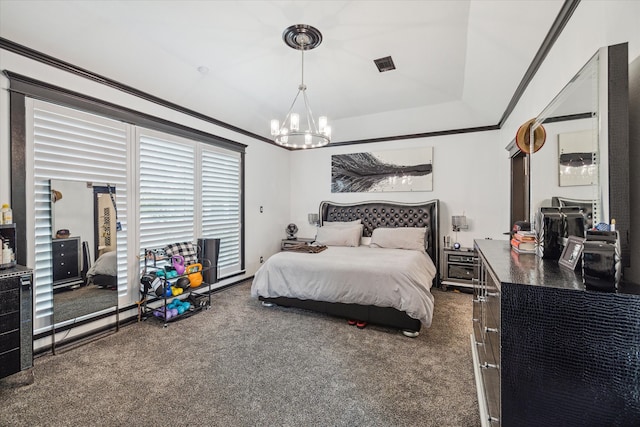 bedroom featuring dark colored carpet, crown molding, and a chandelier