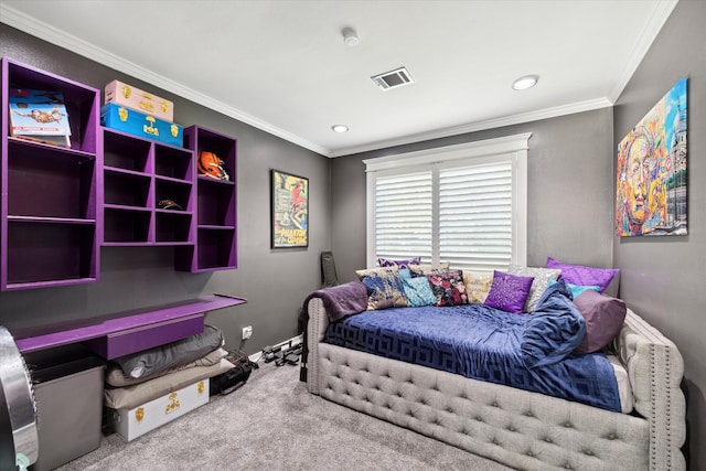 carpeted bedroom featuring crown molding