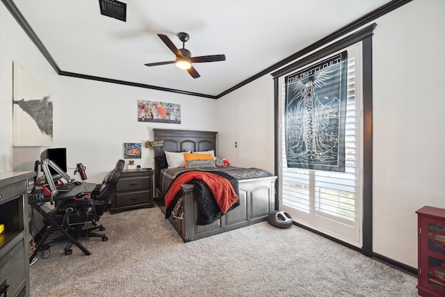 bedroom with light carpet, ceiling fan, and ornamental molding