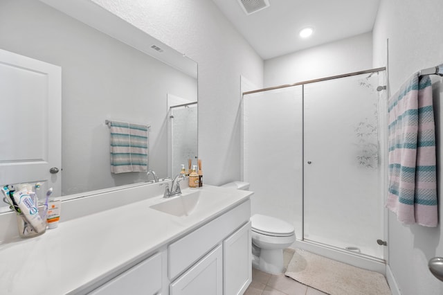 bathroom with vanity, tile patterned flooring, toilet, and an enclosed shower