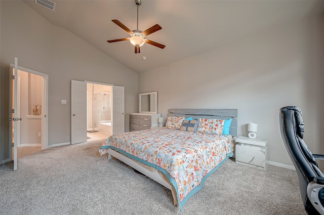 bedroom with light carpet, ceiling fan, and high vaulted ceiling