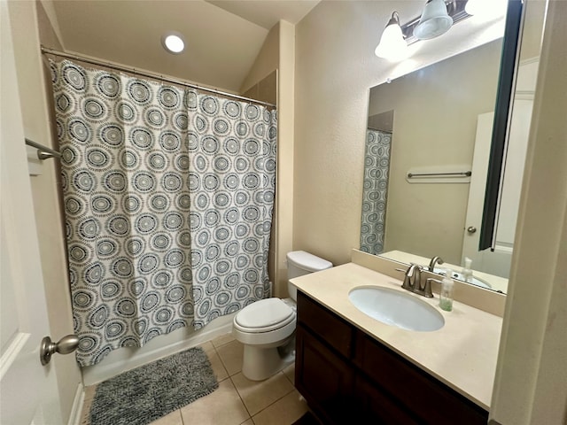 full bathroom featuring shower / bathtub combination with curtain, tile patterned flooring, vanity, and toilet