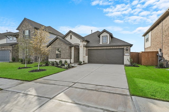 french provincial home with a garage and a front yard