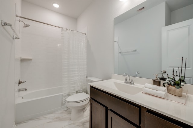 full bathroom with vanity, toilet, and shower / bathtub combination with curtain