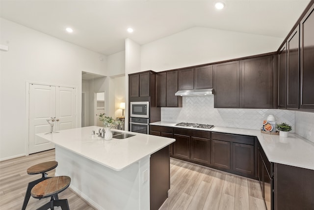 kitchen featuring lofted ceiling, a kitchen island with sink, light hardwood / wood-style flooring, stainless steel appliances, and decorative backsplash