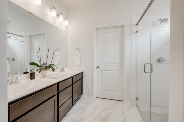 bathroom featuring walk in shower and vanity