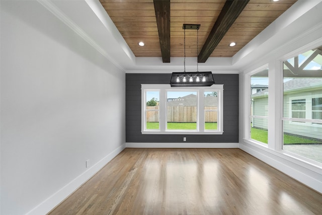 unfurnished dining area featuring beamed ceiling, wooden ceiling, and light hardwood / wood-style flooring