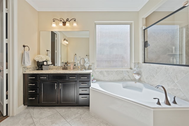 bathroom featuring ornamental molding, vanity, and plus walk in shower