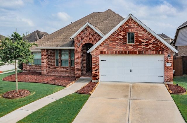 view of front of property with a front yard and a garage